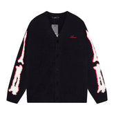 Cotton V-Neck Bones Cardigan Sweater Black
