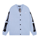 Cotton V-Neck Bones Cardigan Sweater Blue