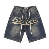 Rhinestone-Studded Letter Denim Shorts #8681